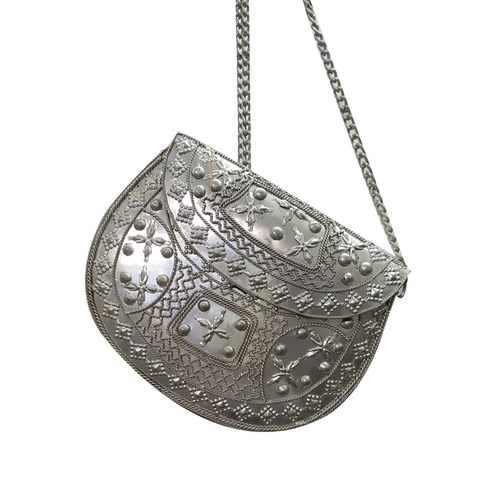 Silver Metal Embroidery Shoulder Handbag