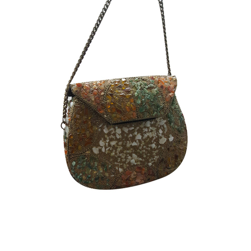 Multiple Stone Beads Metal Clutch Bag With Chain