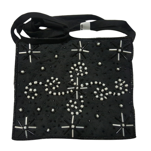 Black Color With Silver Glass Beaded Embroidery Clutch Bag