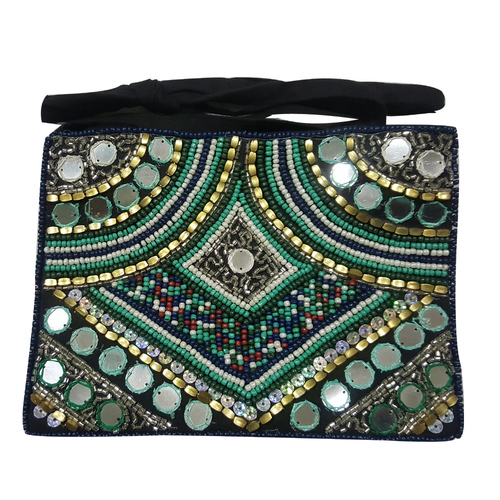 Green Glass Beaded Hand Embroidery Clutch Bag