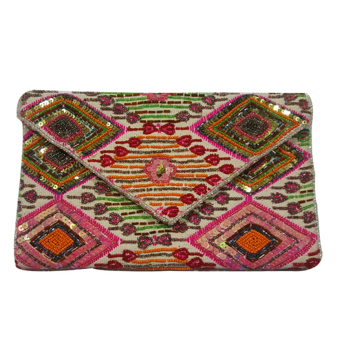 Pink Glass Seed Beaded Hand Embroidery Handbag