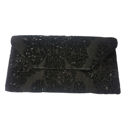 Black Glass Beaded Designer embroidery Clutch Handbag