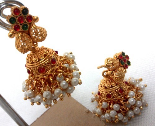 Designer Imitation Jumkha - Gold Drop Earrings, Opal Stone Accents | Stylish Design for Women, Perfect for Engagements, Gifts, and Parties