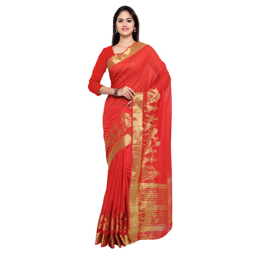Red Cotton Silk Embellished Saree - 5.5 Mtr With Zari Border, Smooth Texture And Lightweight Design