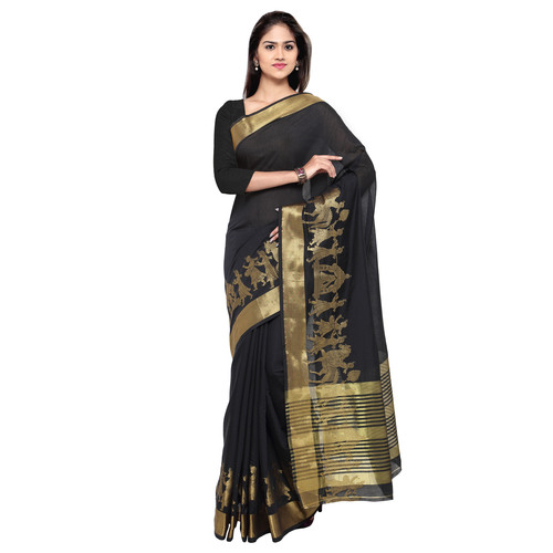 Cotton Silk Saree - 5.5 Mtr Length, Black Color, Zari Work | Lightweight, Smooth Texture, Party Wear