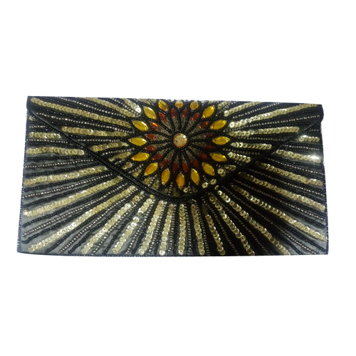 Yellow Glass Beaded Flower Design Clutch Bag
