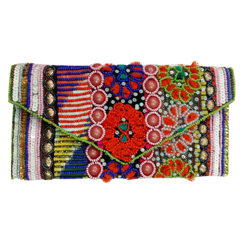 Pink Glass Beaded Embroidery Flower Designer Clutch Bag