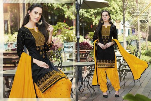 Silk Cotton Patiyala Suit - Black & Yellow with Beautiful Embroidery | Custom Sizes 36-42, Matching Nazneen Dupatta