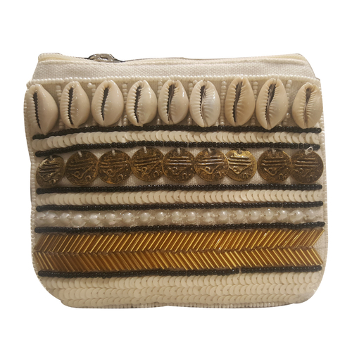 White Glass Seed Beaded Embroidery Handbag