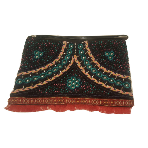 Green Glass Seed Beaded Embroidery Tussle Handbag