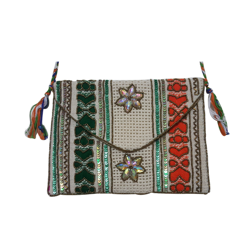 White Glass Beaded Embroidery Tussle Clutch Handbag