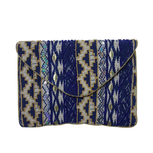 Blue Color Glass Beaded Embroidery Clutch Bag