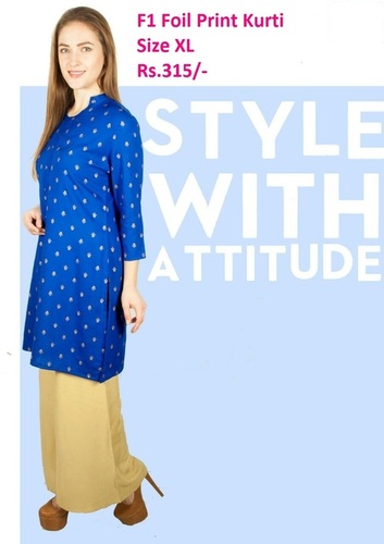 Foil Printed Kurti - Silk & Rayon Blend, Customized Sizes S to XL, Blue with Bead Decoration | Breathable, Quick Dry, and Washable for Girls, 3/4 Sleeve, Casual Daily Wear