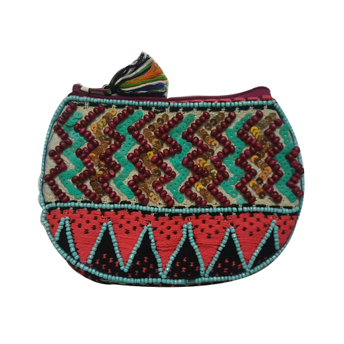 Red Glass Beaded Embroidery Handbag With Tussle