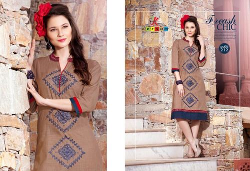 Kerrsom Kurtis - Cotton Blend, Sizes L/XL, Brown Printed Ladies Kurtis - Simple 3-4th Sleeve Style