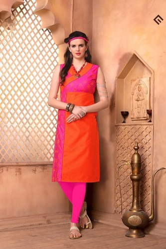 Madhuram Kurtis - Cotton Blend, L-XL Sizes, Orange Color | Simple Sleeveless Design for Ladies