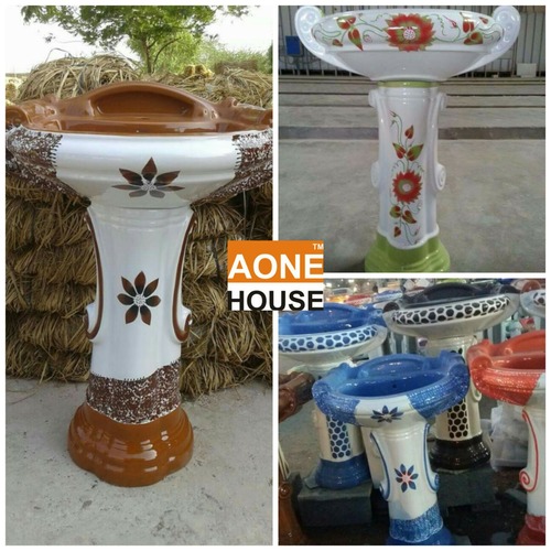 Hand Crafted Designer Ceramic Wash Basin - Multi Double Color Pedestal, Wall Mounted Installation | Custom Decorative Designs Available