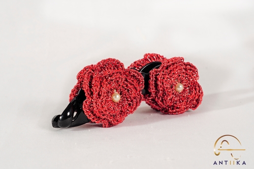 Crochet Hair Clips - Cotton Yarn, 3x2 Inches, Red | Handmade, Elegant Design, Secure Snap Clip, Two Crochet Flowers