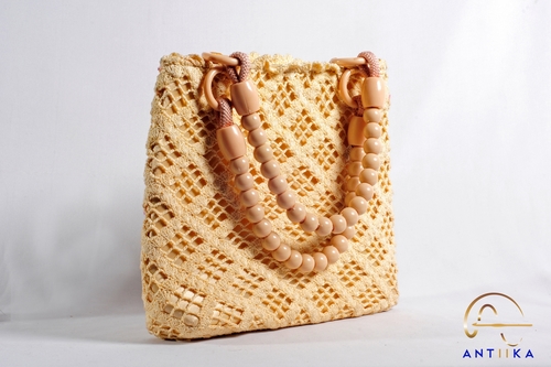 Crochet Ladies Hand Bags - Cotton Yarn, 12x10x5 Inches, Beige | Durable, Handmade, Lightweight, Stylish with Wooden Bead Handles
