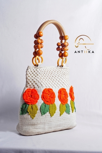 Crochet Ladies Bags - Cotton Yarn, 12x10x5 Inches, Off-White | Open Top Closure, Comfortable Handle, Handcrafted, Unique Pattern