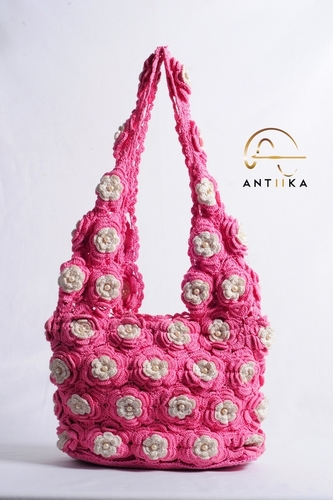 Crochet Ladies Hand Bags - Cotton Yarn, 12x10x4 Inches, Pink | Stylish Design, Handcrafted, Durable, Comfortable Shoulder Bag