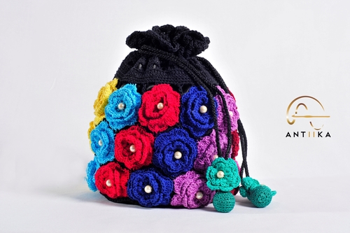 Crochet Potli Bag - Cotton Fabric, 5x5x7 Inches, Black | Drawstring Closure, Handcrafted Design, Embroidered Flowers, Ideal for Storing Jewelry