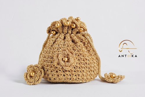 Crochet Potli Bag - Cotton Yarn, 5x7 Inches, Beige | Durable Material, Handmade, Stylish Accessory, Unique Design, Versatile Use