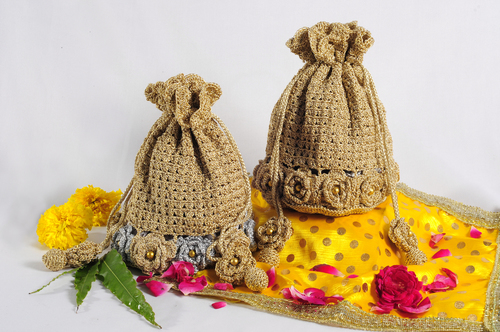 Crochet Potli Bag - Jute, Dimensions Variable, Beige | Durable, Eco-friendly, Elegant, Handcrafted, Unique Design, Versatile Usage