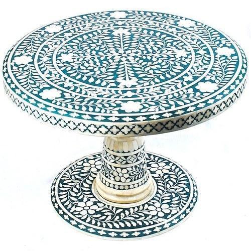 Handmade Blue Floral Round Top Bone Inlay Coffee Table