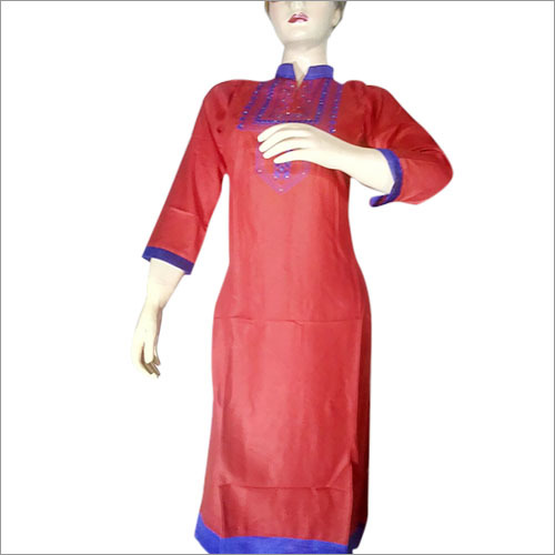 Red Reyon Embroidery Work Kurti