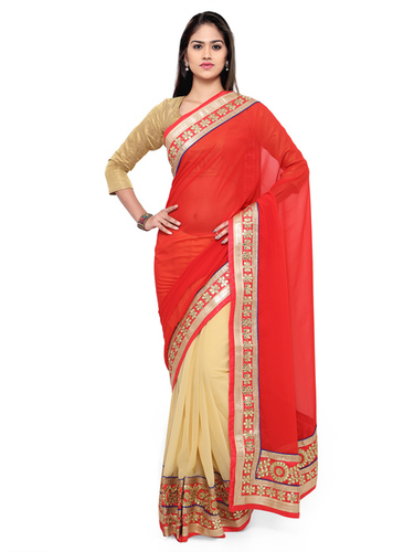 Gota Patti Georgette Saree - 5.5 Mtr Length with 0.7 Mtr Blouse, Red and Cream | Lightweight, Smooth Texture, Wrinkle-Free Finish