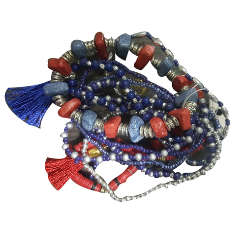 Blue Glass and Stone Beaded Bracelet Set With Tussle