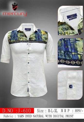 Shirt - Yarn Ined Natural Fabric, M-L-XL, White | Stylish Design, Soft, Breathable, Digital Print, Comfortable Fit