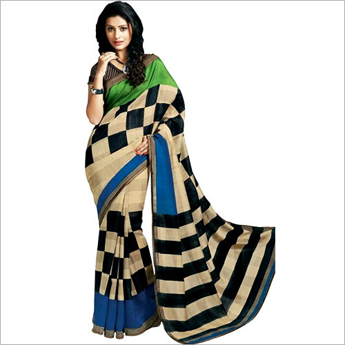 Printed Beige & Black Cotton Saree