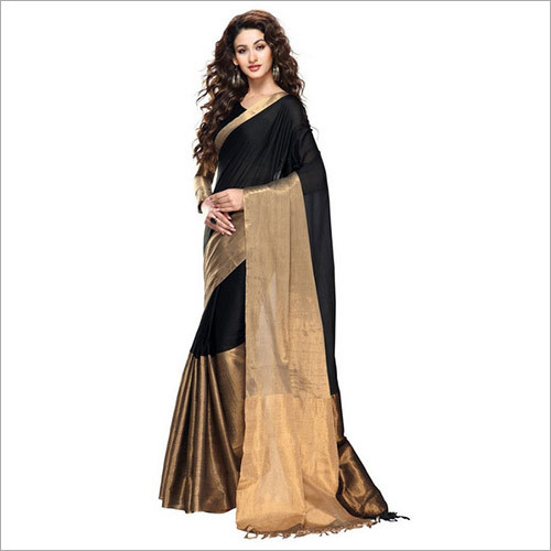 Printed Black & Gold Cotton Saree