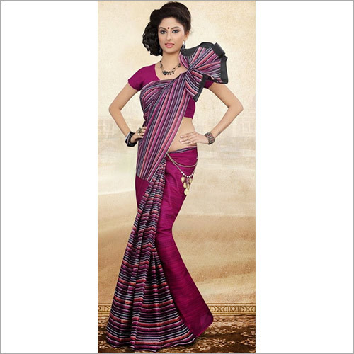 Printed Half & Half Purple Cotton Saree