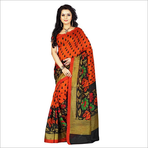 Printed Orange Cotton Saree