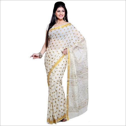 White Printed Cotton Sarees - Cotton Silk Material, Dotted Pattern, Elegant White Hue | Zari Work, Trendy Prints for Parties & Events
