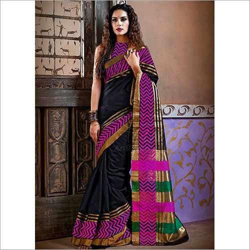 Printed Designer Black Color Cotton Silk Saree