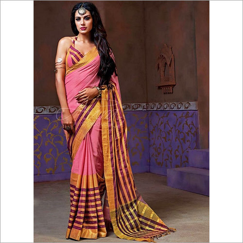 Printed Pink Cotton Silk Saree