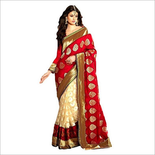 Embroidered Red Beige Cotton Brasso Designer Silk Saree
