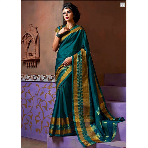Embroidered Stylish Teal Cotton Silk Saree