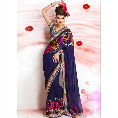 Georgette Blue Fancy Worked Printed Saree