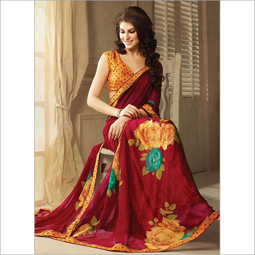 Georgette Casual And Festival Maroon Trendy Printed Saree