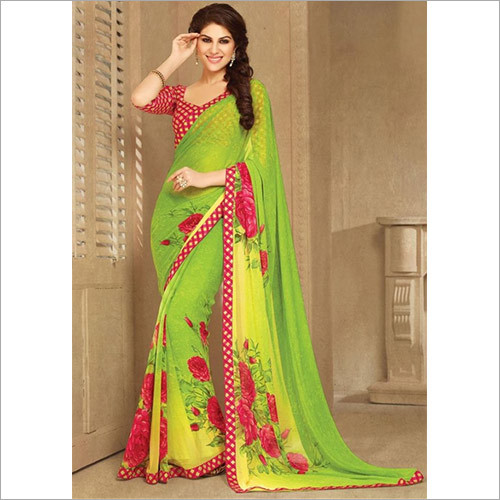 Georgette Haute Green Flower Print, Lace Border And Printed Saree