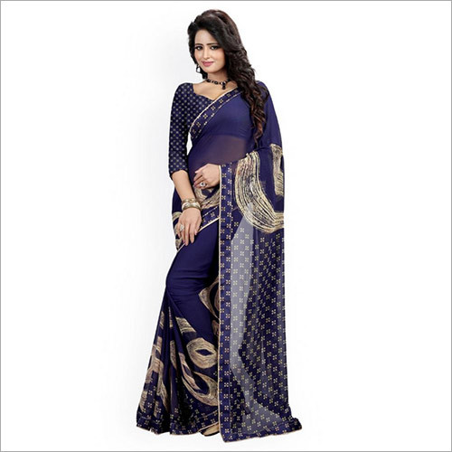 Women Wear Navy Georgette Printed Saree