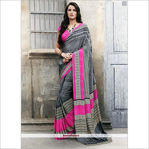Printed Grey Italian Crepe Saree