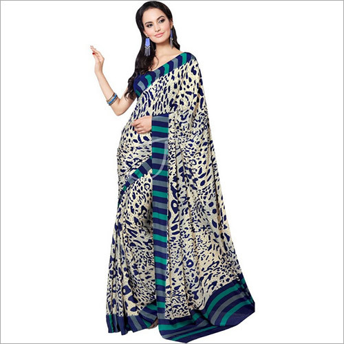 Printed Navy Blue Crepe Saree