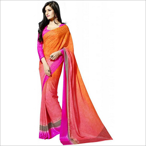 Orange Crepe Saree - Premium Quality Crepe Fabric, Vibrant Orange with Zari Work | Easy Maintenance, Comfortable Wear for All Seasons
