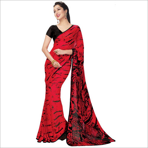 Women Wear Pleasing Red Colored Printed Satin Crepe Saree